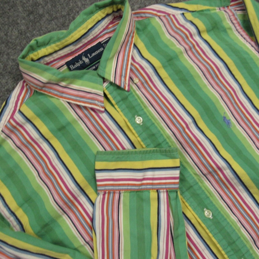 Ralph Lauren Shirt Mens XXL 2XL Green‎ Yellow Pink Striped Poplin
